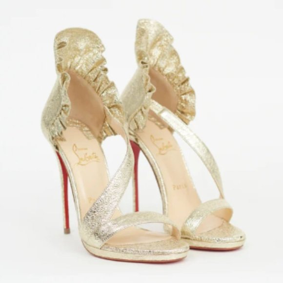 Christian Louboutin Colankle Gold Foil Leather Ruffle Strapped Heels Pumps 37.5 - Picture 2 of 16